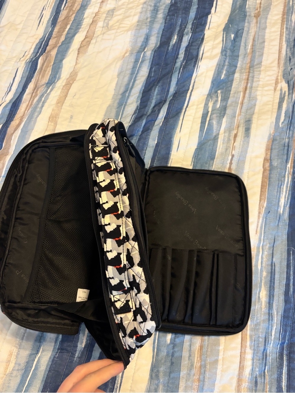 Vera Bradley Black Travel Makeup Brush Organizer with Patterned Zip Panel